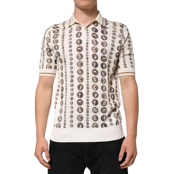 Dolce & Gabbana Silk Ivory Coin Print Logo Men Polo Men's T-shirt